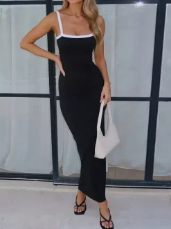 Robe maxi verte sexy à col rond et dos nu sans manches et taille haute pour femme.