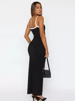 Robe maxi verte sexy à col rond et dos nu sans manches et taille haute pour femme.