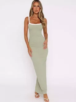 Robe maxi verte sexy à col rond et dos nu sans manches et taille haute pour femme.