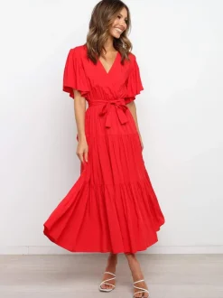 Robe midi bohème à volants pour femme - Robe d'été fluide à col en V manches papillon et coupe trapèze - Idéale pour les invités aux mariages d'été 2026