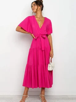 Robe midi bohème à volants pour femme - Robe d'été fluide à col en V manches papillon et coupe trapèze - Idéale pour les invités aux mariages d'été 2026
