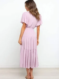 Robe midi bohème à volants pour femme - Robe d'été fluide à col en V manches papillon et coupe trapèze - Idéale pour les invités aux mariages d'été 2026