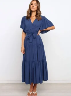 Robe midi bohème à volants pour femme - Robe d'été fluide à col en V manches papillon et coupe trapèze - Idéale pour les invités aux mariages d'été 2026