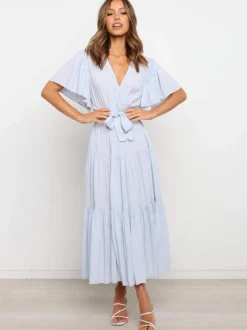 Robe midi bohème à volants pour femme - Robe d'été fluide à col en V manches papillon et coupe trapèze - Idéale pour les invités aux mariages d'été 2026