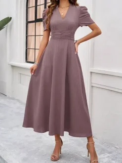 Robe midi bordeaux à manches bouffantes et col en V pour femme élégante et chic