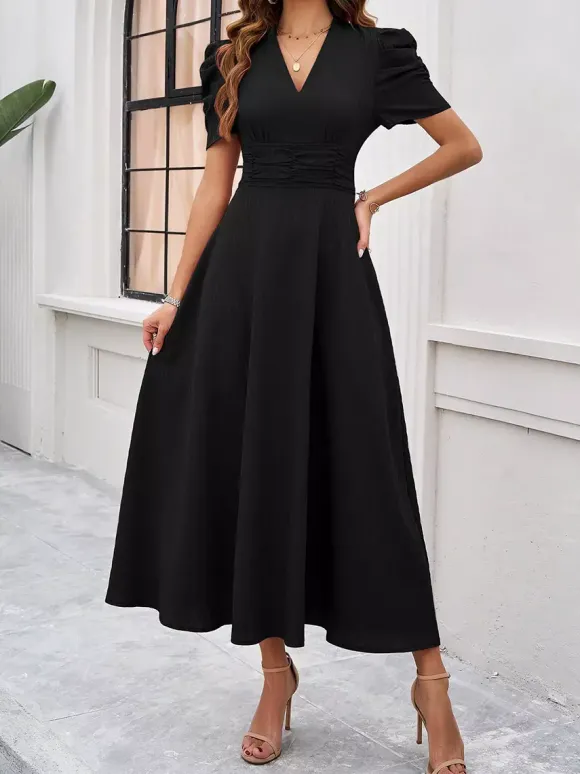 Robe midi bordeaux à manches bouffantes et col en V pour femme élégante et chic