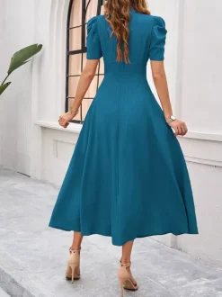 Robe midi bordeaux à manches bouffantes et col en V pour femme élégante et chic