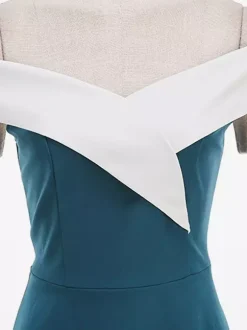Robe midi bordeaux à épaules dénudées et coupe trapèze pour femme élégante et habillée.