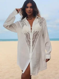 Robe midi de plage en coton oversize découpée sexy col rabattu manches courtes maillot de bain d'été