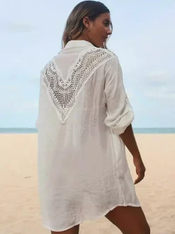 Robe midi de plage en coton oversize découpée sexy col rabattu manches courtes maillot de bain d'été