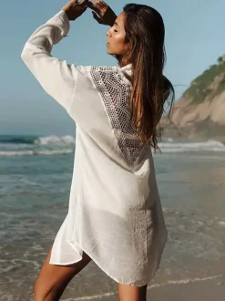 Robe midi de plage en coton oversize découpée sexy col rabattu manches courtes maillot de bain d'été