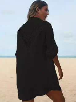 Robe midi de plage en coton oversize découpée sexy col rabattu manches courtes maillot de bain d'été