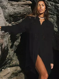 Robe midi de plage en coton oversize découpée sexy col rabattu manches courtes maillot de bain d'été