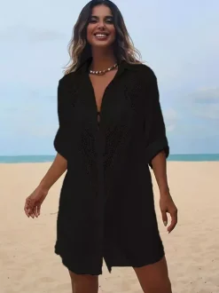 Robe midi de plage en coton oversize découpée sexy col rabattu manches courtes maillot de bain d'été