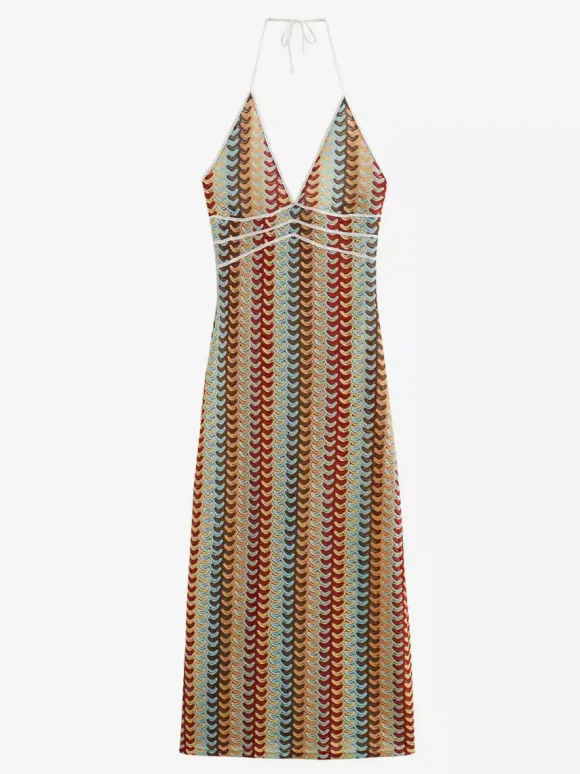 Robe midi dos nu en crochet color block pour femme style bohème chic