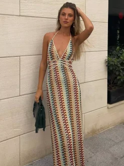 Robe midi dos nu en crochet color block pour femme style bohème chic