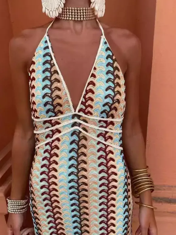 Robe midi dos nu en crochet color block pour femme style bohème chic