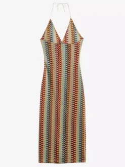 Robe midi dos nu en crochet color block pour femme style bohème chic