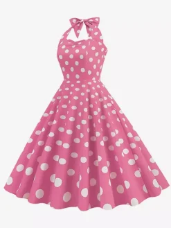 Robe midi dos nu rose à pois style vintage chic