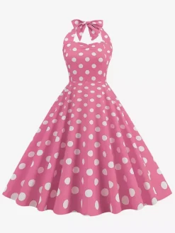 Robe midi dos nu rose à pois style vintage chic