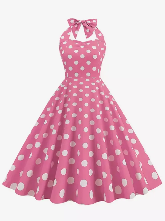 Robe midi dos nu rose à pois style vintage chic