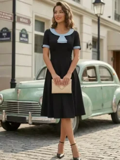 Robe midi d'été trapèze à col Peter Pan contrasté pour femme 2026