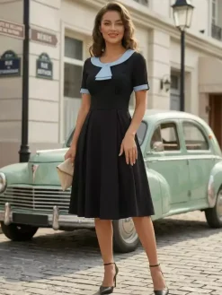 Robe midi d'été trapèze à col Peter Pan contrasté pour femme 2026