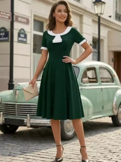 Robe midi d'été trapèze à col Peter Pan contrasté pour femme 2026