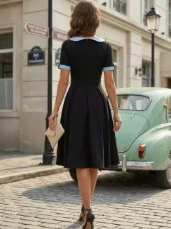 Robe midi d'été trapèze à col Peter Pan contrasté pour femme 2026