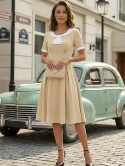 Robe midi d'été trapèze à col Peter Pan contrasté pour femme 2026