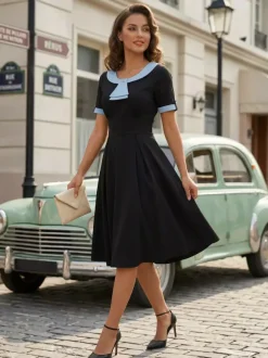 Robe midi d'été trapèze à col Peter Pan contrasté pour femme 2026