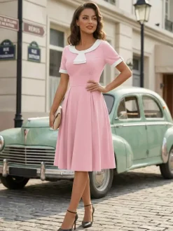 Robe midi d'été trapèze à col Peter Pan contrasté pour femme 2026