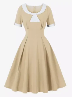 Robe midi d'été trapèze à col Peter Pan contrasté pour femme 2026