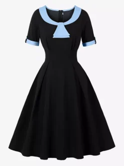 Robe midi d'été trapèze à col Peter Pan contrasté pour femme 2026