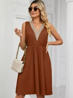 Robe midi en dentelle à col V pour femme - Robe d'été trapèze sans manches avec poches - Tenue décontractée d'été 2026