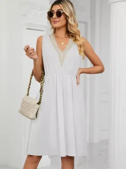 Robe midi en dentelle à col V pour femme - Robe d'été trapèze sans manches avec poches - Tenue décontractée d'été 2026