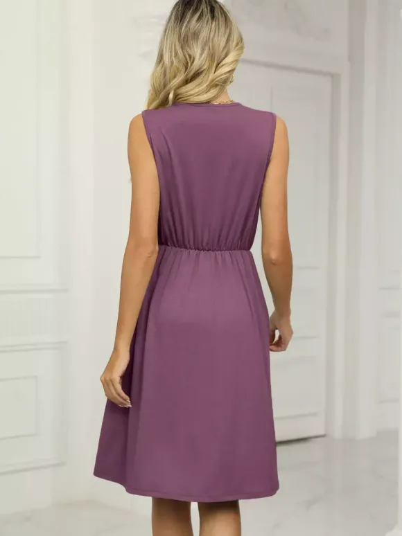 Robe midi en dentelle à col V pour femme - Robe d'été trapèze sans manches avec poches - Tenue décontractée d'été 2026