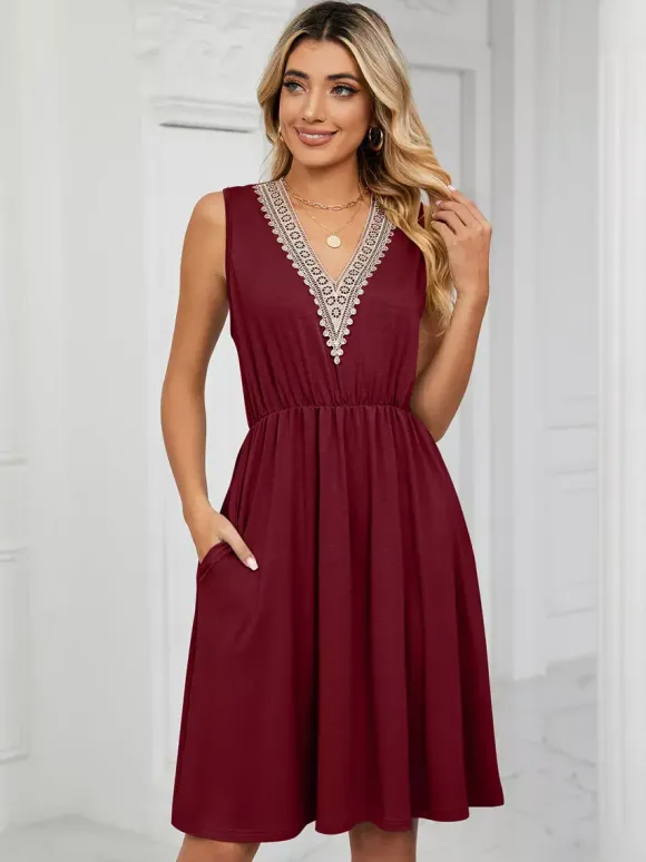 Robe midi en dentelle à col V pour femme - Robe d'été trapèze sans manches avec poches - Tenue décontractée d'été 2026
