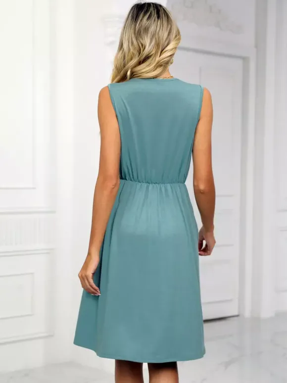 Robe midi en dentelle à col V pour femme - Robe d'été trapèze sans manches avec poches - Tenue décontractée d'été 2026