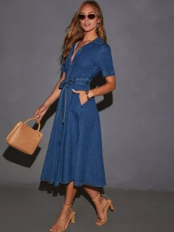 Robe midi en jean bleu marine à manches courtes pour femme style classique décontracté