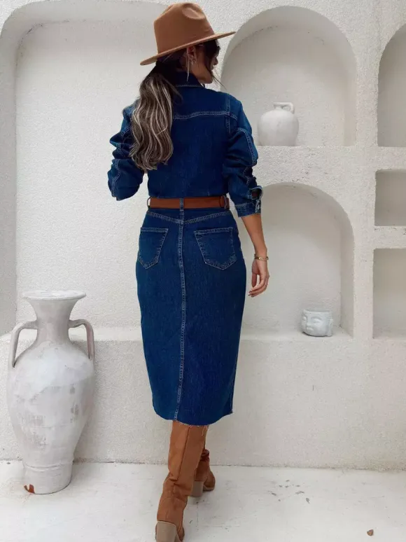 Robe midi en jean à manches longues pour femme - Robe moulante bleue style western boutonnée sur le devant et fendue sur le devant - Collection printemps 2026