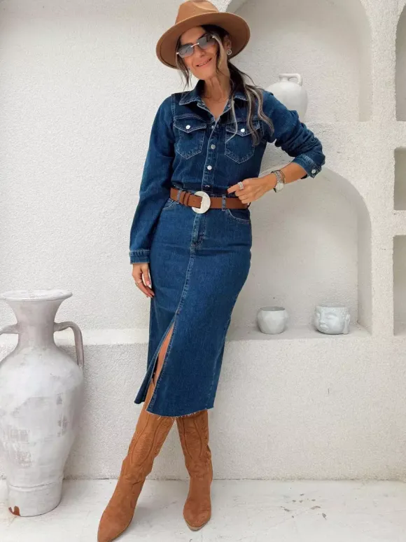 Robe midi en jean à manches longues pour femme - Robe moulante bleue style western boutonnée sur le devant et fendue sur le devant - Collection printemps 2026