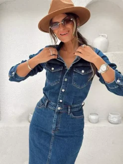 Robe midi en jean à manches longues pour femme - Robe moulante bleue style western boutonnée sur le devant et fendue sur le devant - Collection printemps 2026