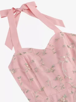 Robe midi fleurie vintage années 1950 pour femme - Robe d'été trapèze en maille brodée à col halter - Idéale pour un mariage printanier au jardin (2026)