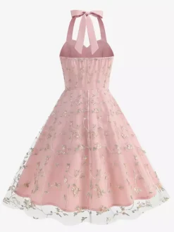 Robe midi fleurie vintage années 1950 pour femme - Robe d'été trapèze en maille brodée à col halter - Idéale pour un mariage printanier au jardin (2026)