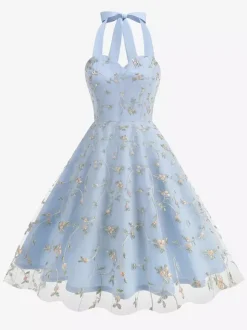 Robe midi fleurie vintage années 1950 pour femme - Robe d'été trapèze en maille brodée à col halter - Idéale pour un mariage printanier au jardin (2026)