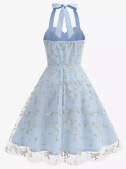 Robe midi fleurie vintage années 1950 pour femme - Robe d'été trapèze en maille brodée à col halter - Idéale pour un mariage printanier au jardin (2026)