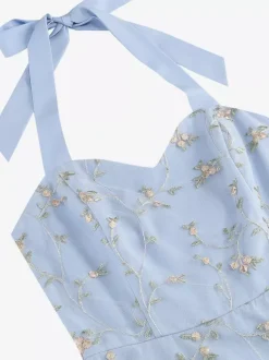Robe midi fleurie vintage années 1950 pour femme - Robe d'été trapèze en maille brodée à col halter - Idéale pour un mariage printanier au jardin (2026)