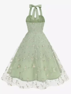 Robe midi fleurie vintage années 1950 pour femme - Robe d'été trapèze en maille brodée à col halter - Idéale pour un mariage printanier au jardin (2026)