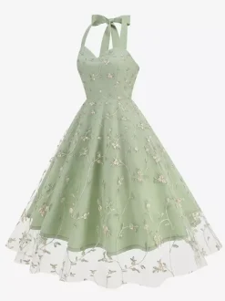 Robe midi fleurie vintage années 1950 pour femme - Robe d'été trapèze en maille brodée à col halter - Idéale pour un mariage printanier au jardin (2026)
